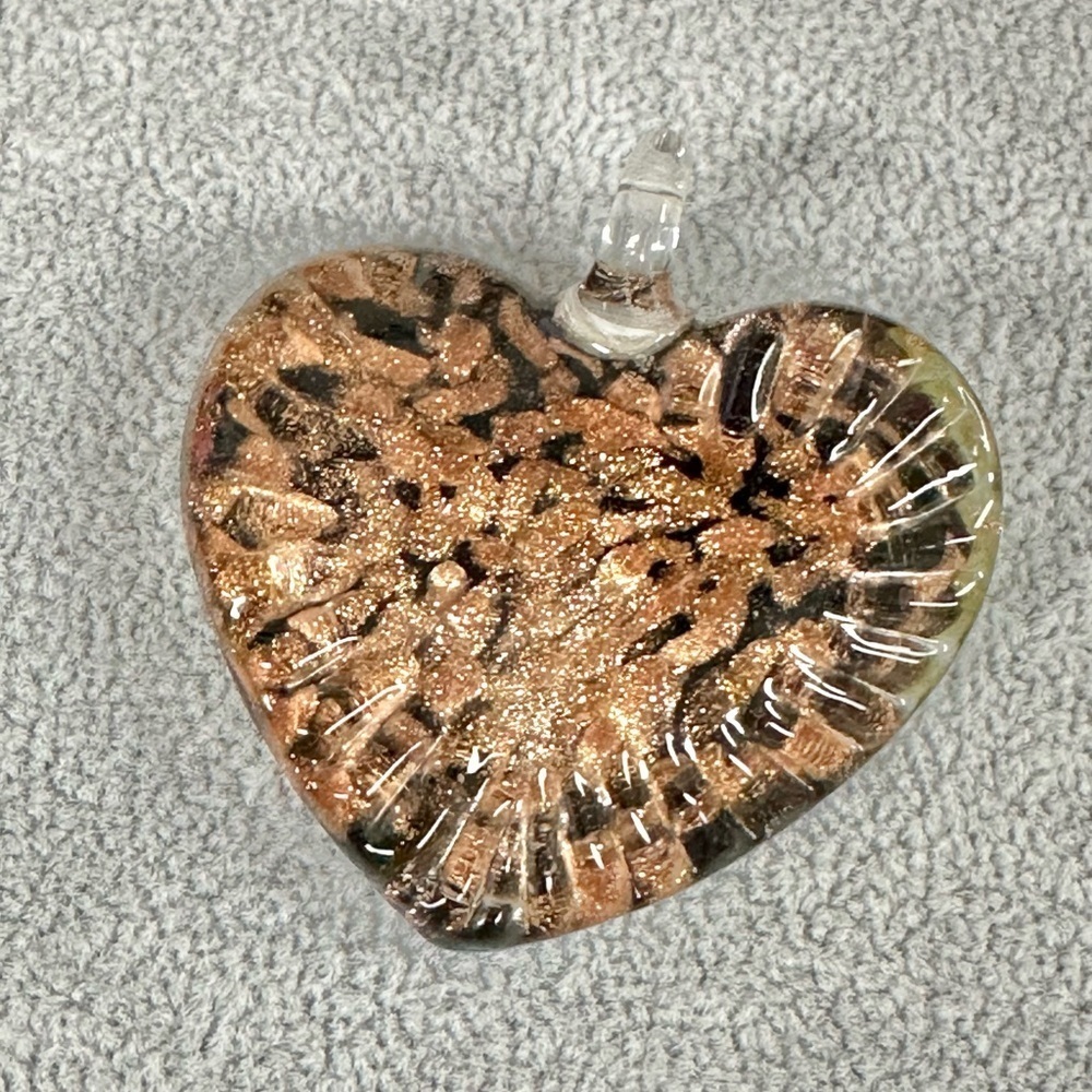 Hand Blown Art Glass Heart Shape Black And Copper Sparkle Pendant
